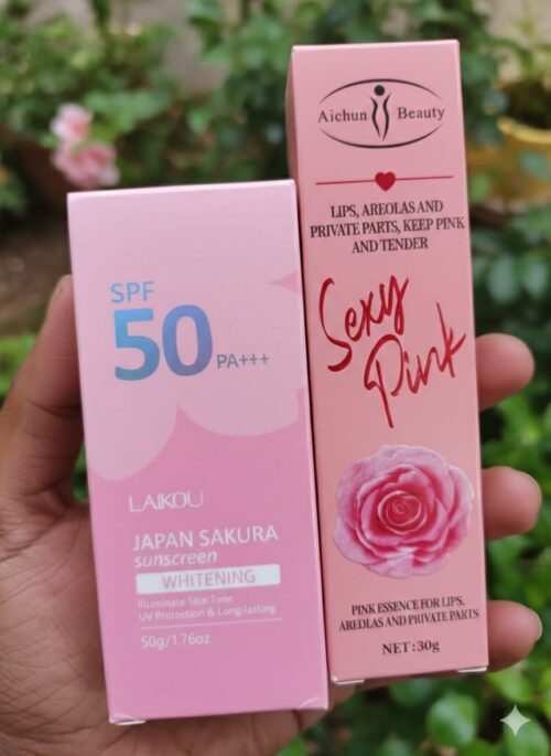 Laikou Japan Sakura Sunscreen (SPF 50) & Aichun Beauty Sexy Pink - Brightening & Protection Combo